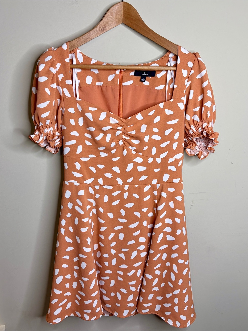 Lulus White Spot Rust Orange Puff Sleeve Mini Dress
